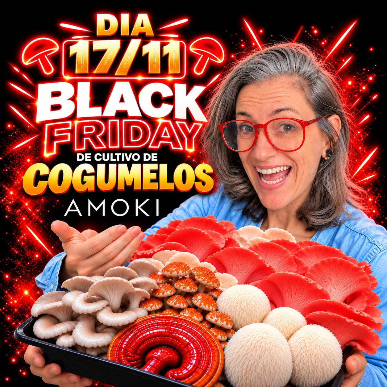 Arte original da Black Friday AMOKI: dia 17/11, cultivo de cogumelos, com Juli
